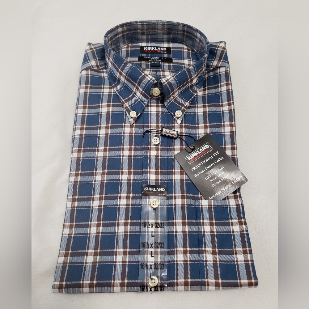Kirkland Signature • Long Sleeve Dress Shirt • Non-Iron • Blue/Brown • 16.5 x 33